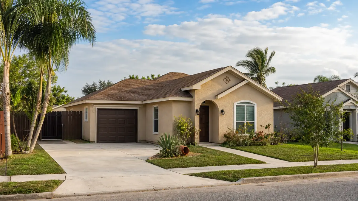 A modest single-family home on a quiet Brownsville residential street in soft daylight