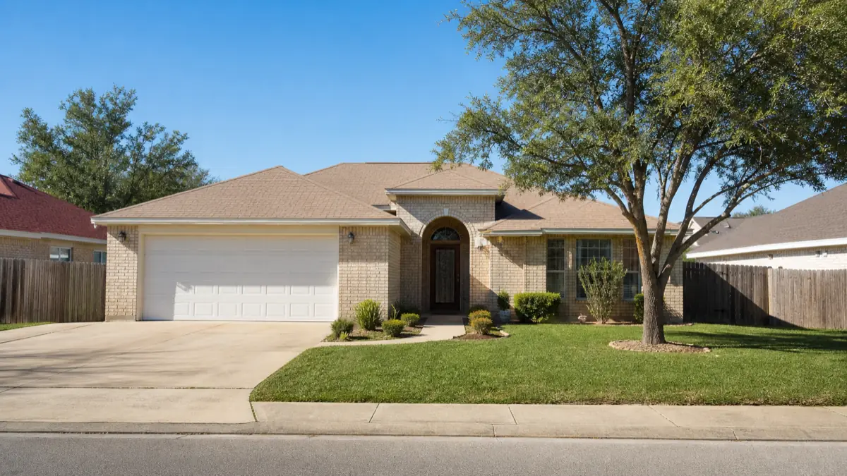 A welcoming single-family home with a clean driveway and trimmed lawn under a bright clear sky in South Texas
