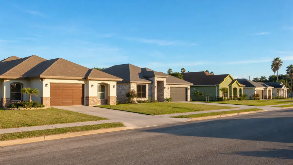 A row of modest single-family homes along a sunny quiet Cameron County street under a clear blue sky with palm trees in the distance