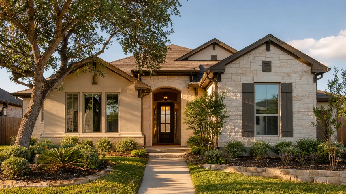 a welcoming single-family home with a clear front entrance on a quiet South Texas street in warm light