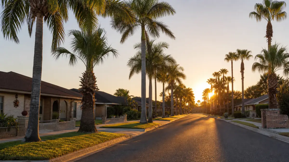 A Rio Grande Valley residential street lined with tall palm trees at golden hour, warm low sun over modest single-story homes