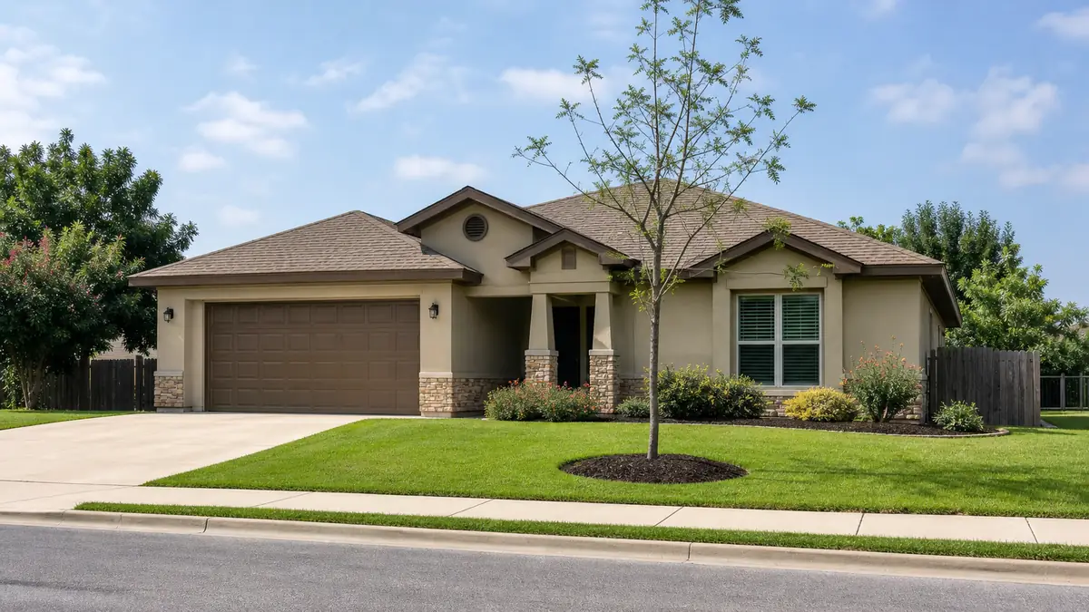 A modest single-family home on a quiet South Texas residential street in soft daylight