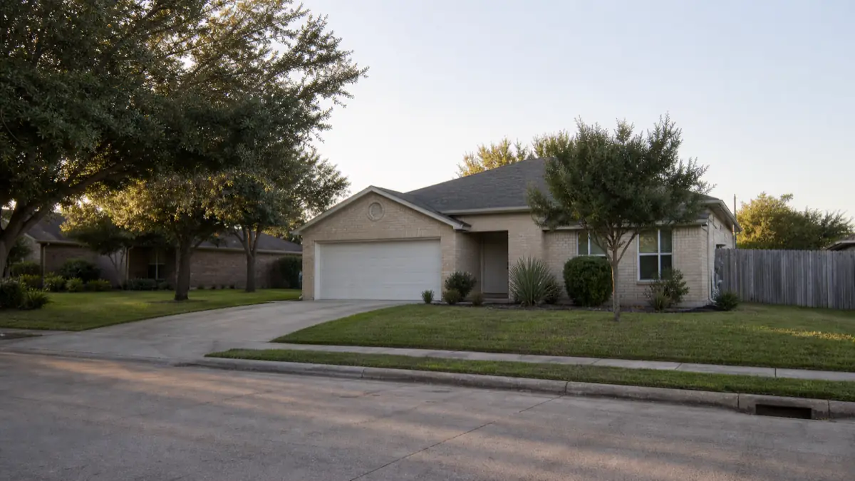 A calm, neutral single-story suburban home at soft first light, tidy yard, peaceful empty street in South Texas