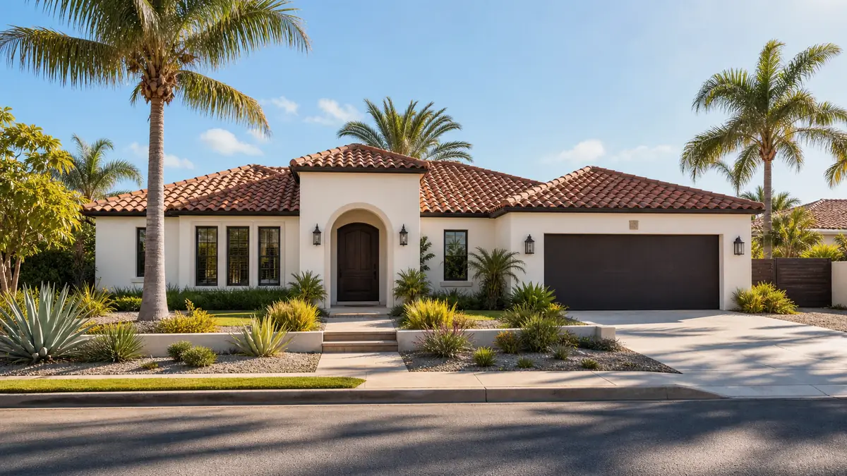a sunlit single-story stucco home on a palm-lined South Texas street.
