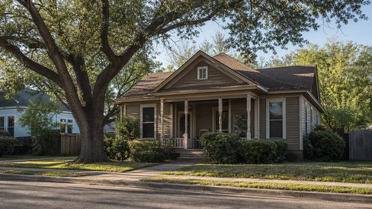 A quiet older single-family home on a tree-lined South Texas street in soft morning light.