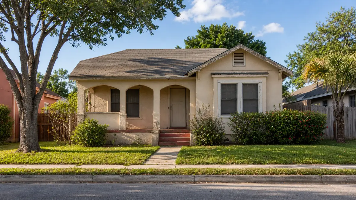 an older single-family home with a weathered exterior on a quiet Brownsville street in daylight