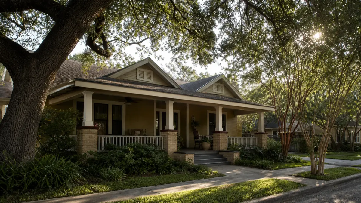 A well-kept older single-family home with a deep shaded front porch and mature trees in warm morning light on a quiet South Texas street