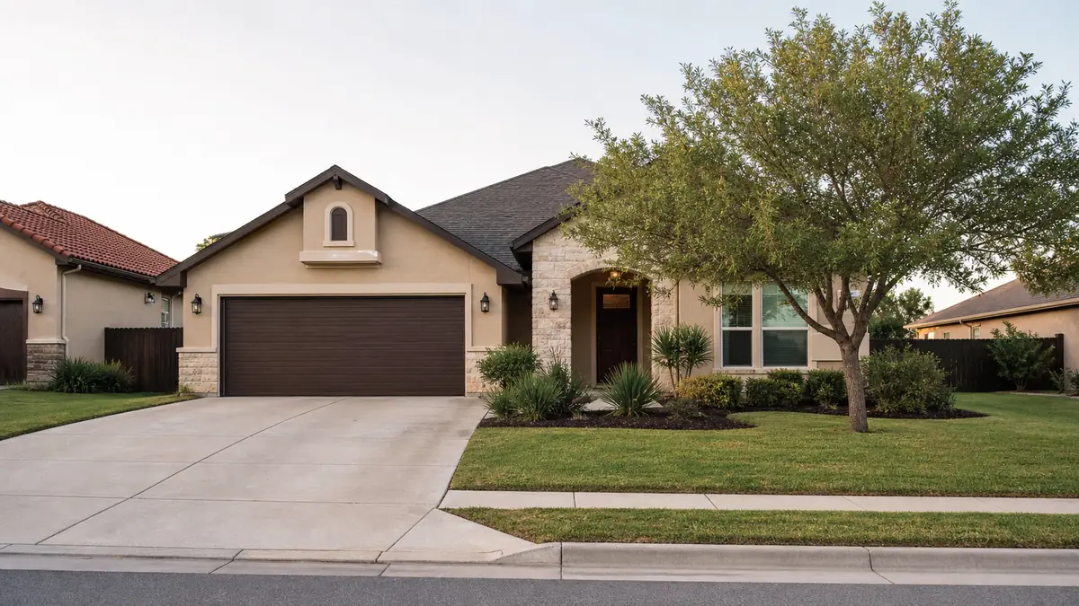a quiet single-family home with an empty driveway on a still South Texas residential street in soft light