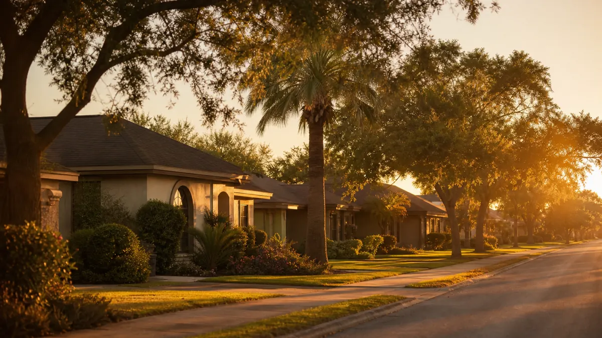 A quiet single-story residential street in a South Texas neighborhood at golden hour